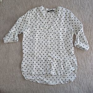 Zara White Linen Button Down Blouse Baby Polka Dots with Mandarin Collar Medium